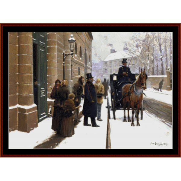 Counted Cross Stitch Pattern by Cross Stitch Collectibles depicting a winter scene with people, a horse-drawn carriage, and snow.