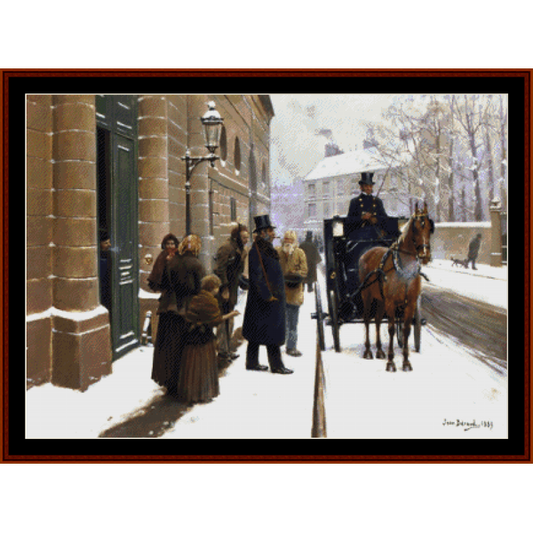 Counted Cross Stitch Pattern by Cross Stitch Collectibles depicting a winter scene with people, a horse-drawn carriage, and snow.