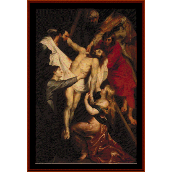 Counted Cross Stitch Pattern by Cross Stitch Collectibles depicting 'The Descent from the Cross' by Peter Paul Rubens, featuring figures interacting with a crucified man.