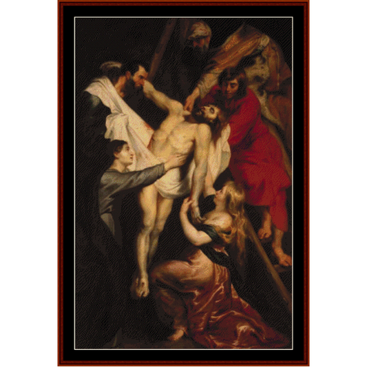 Counted Cross Stitch Pattern by Cross Stitch Collectibles depicting 'The Descent from the Cross' by Peter Paul Rubens, featuring figures interacting with a crucified man.