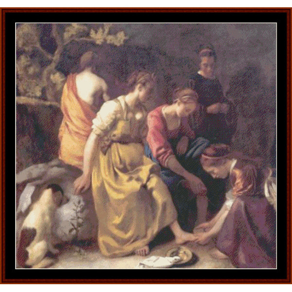Counted Cross Stitch Pattern by Cross Stitch Collectibles featuring a scene with several figures, one in a yellow dress helping another with shoes, surrounded by a rocky landscape with a dog and a cat.