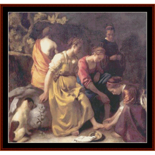 Counted Cross Stitch Pattern by Cross Stitch Collectibles featuring a scene with several figures, one in a yellow dress helping another with shoes, surrounded by a rocky landscape with a dog and a cat.