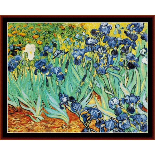 Counted Cross Stitch Pattern by Cross Stitch Collectibles depicting blue irises with a yellow background, inspired by Vincent Van Gogh's artwork.