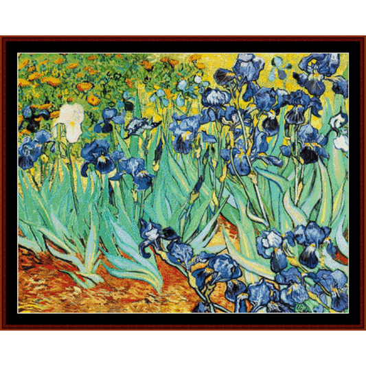 Counted Cross Stitch Pattern by Cross Stitch Collectibles depicting blue irises with a yellow background, inspired by Vincent Van Gogh's artwork.