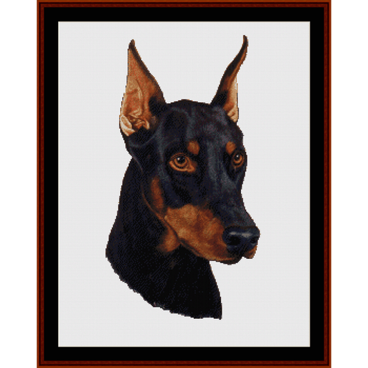Counted Cross Stitch Pattern by Cross Stitch Collectibles depicting the head of a Doberman pinscher in black, brown, and white colors.