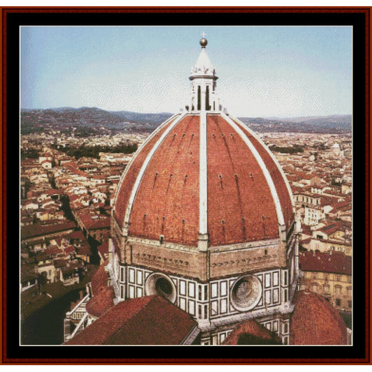 Counted Cross Stitch Pattern – Dome of the Cathedral by Filippo Brunelleschi - Cross Stitch Collectibles - A framed art print depicting the iconic red-tiled dome of the Florence Cathedral, overlooking the city of Florence