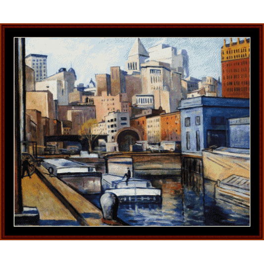 Counted Cross Stitch Pattern by Cross Stitch Collectibles depicting a cityscape with buildings and boats.