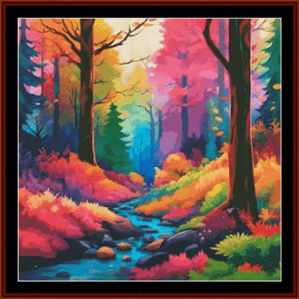 A colorful Counted Cross Stitch Pattern by Cross Stitch Collectibles depicting a dreamy forest landscape with a stream, trees, and vibrant foliage.
