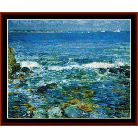Counted Cross Stitch Pattern by Cross Stitch Collectibles for 'Duck Island from Appledore' depicting a vibrant seascape with a detailed depiction of waves and a lighthouse.