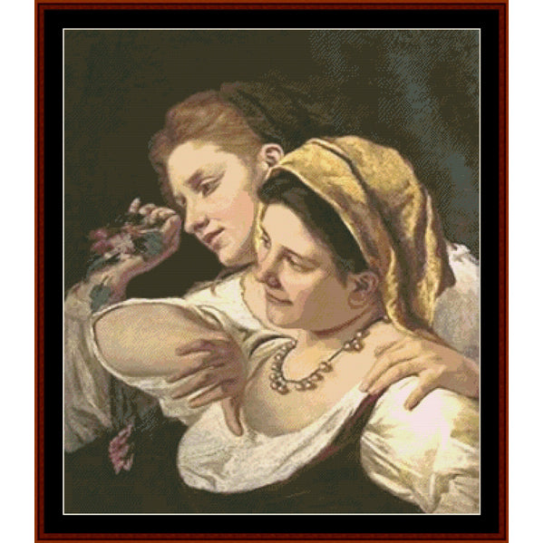 Counted Cross Stitch Pattern by Cross Stitch Collectibles featuring two women in historical or period costumes, likely to represent a scene from a play or a movie. The image is stylized and in color, depicting the characters in a dramatic setting.