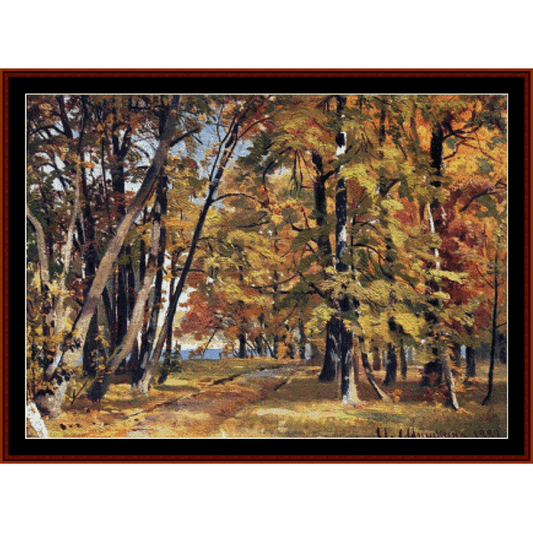 Counted Cross Stitch Pattern by Cross Stitch Collectibles featuring a vibrant forest scene in autumn with rich colors and detailed tree lines.