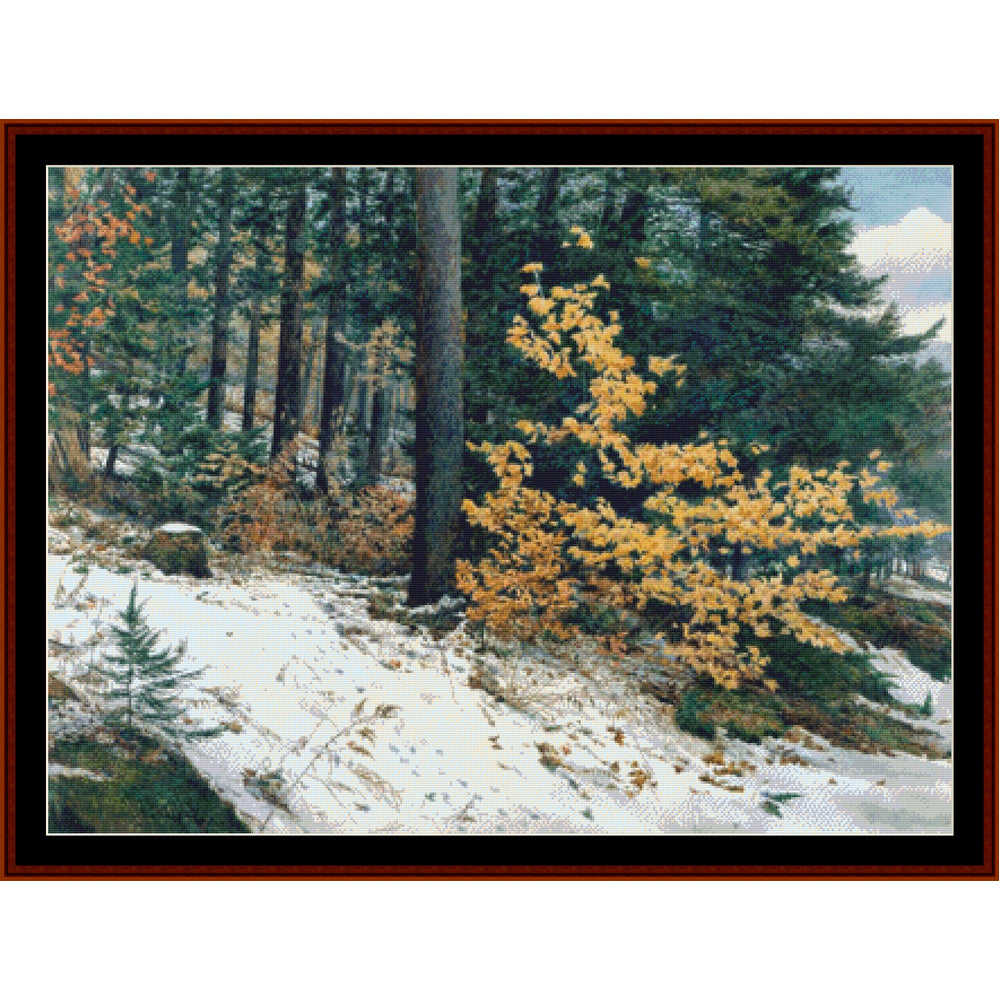Counted Cross Stitch Pattern by Cross Stitch Collectibles - Forest scene with snow on the ground and yellow leaves on trees