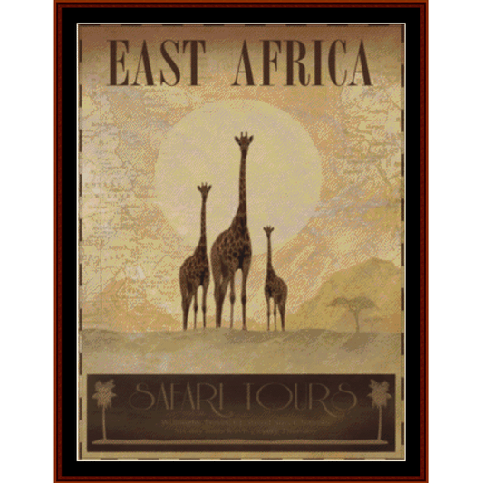 A vintage style Counted Cross Stitch Pattern by Cross Stitch Collectiblesdepicting three giraffes on the savannah with a large sun and a compass in the background, indicating a safari or wildlife park theme, titled 'East Africa'.