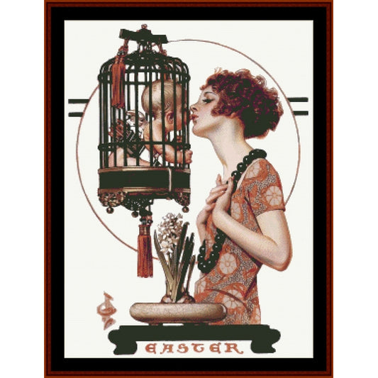 Vintage-style Counted Cross Stitch Pattern by Cross Stitch Collectibles with a woman kissing a bird in a cage.