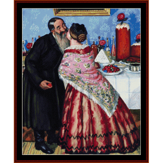 Counted Cross Stitch Pattern by Cross Stitch Collectibles featuring a man and a woman in historical or period costumes, with a decorative background.