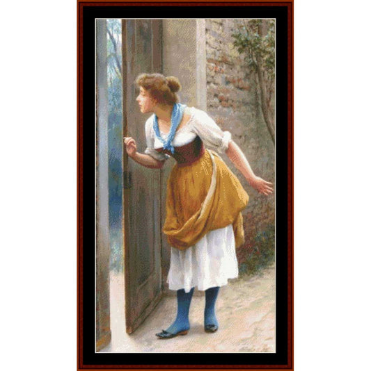 Counted Cross Stitch Pattern by Cross Stitch Collectiblesof a woman in a yellow apron and blue stockings standing in a doorway.