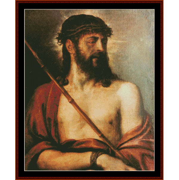 Counted Cross Stitch Pattern – Ecce Homo by Titian - Cross Stitch Collectibles - A framed classical painting depicting Jesus with a crown of thorns, a dark beard, and a red draped cloth