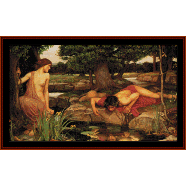 Counted Cross Stitch Pattern by Cross Stitch Collectibles featuring 'Echo and Narcissus' by John William Waterhouse with a depiction of a female figure and a male figure in a natural outdoor setting, near a water body.