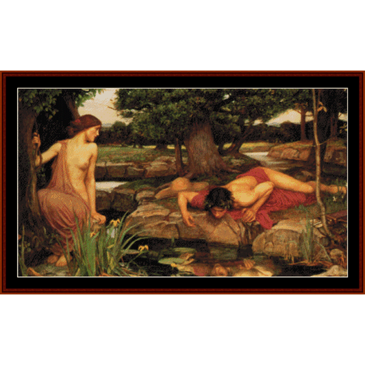 Counted Cross Stitch Pattern by Cross Stitch Collectibles featuring 'Echo and Narcissus' by John William Waterhouse with a depiction of a female figure and a male figure in a natural outdoor setting, near a water body.