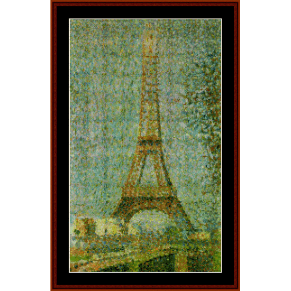 Counted Cross Stitch Pattern by Cross Stitch Collectibles of the Eiffel Tower with a blurred background in the style of Georges Seurat.