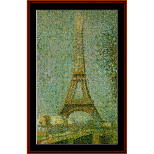 Counted Cross Stitch Pattern by Cross Stitch Collectibles of the Eiffel Tower with a blurred background in the style of Georges Seurat.