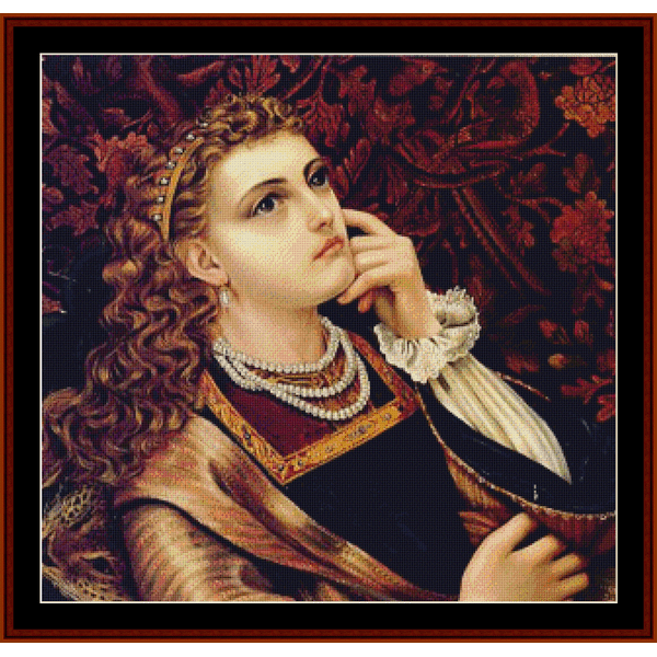 Counted Cross Stitch Pattern by Cross Stitch Collectibles featuring a woman with flowing hair and a pearl necklace, set against a richly detailed floral and ornamental background.