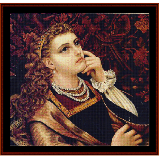 Counted Cross Stitch Pattern by Cross Stitch Collectibles featuring a woman with flowing hair and a pearl necklace, set against a richly detailed floral and ornamental background.