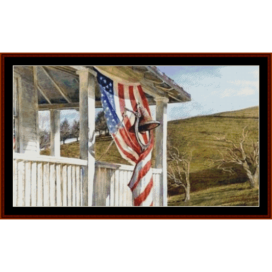 Counted Cross Stitch Pattern by Cross Stitch Collectibles featuring a scene with an American flag and a bell, resembling a postcard or a painting