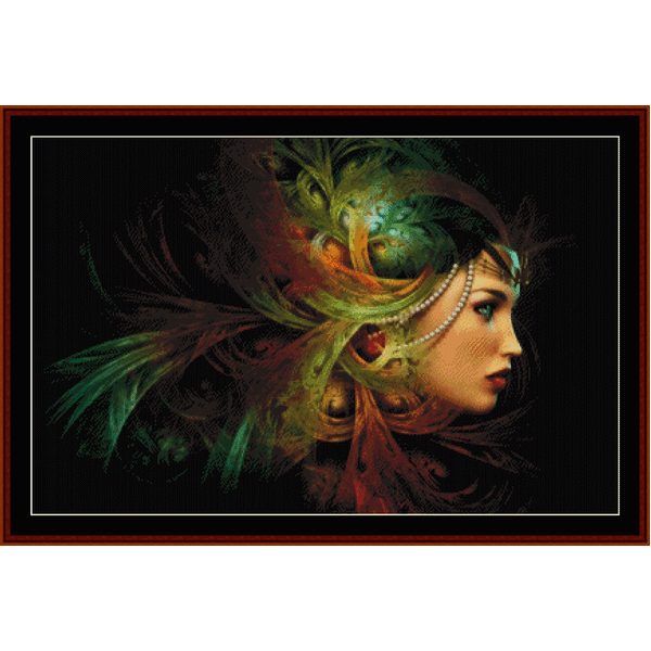 Counted Cross Stitch Pattern by Cross Stitch Collectibles featuring a detailed fantasy headdress with feathers and jewel-like embellishments.