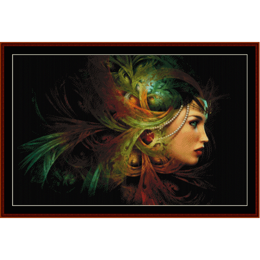 Counted Cross Stitch Pattern by Cross Stitch Collectibles featuring a detailed fantasy headdress with feathers and jewel-like embellishments.