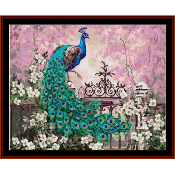 Counted Cross Stitch Pattern by Cross Stitch Collectibles depicting a peacock with a detailed tail, perched atop a fence, surrounded by white flowers and a pink background.