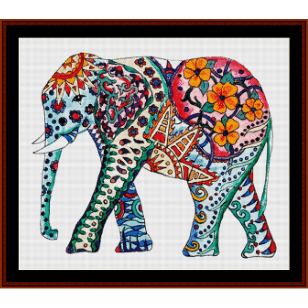 Counted Cross Stitch Pattern by Cross Stitch Collectibles of an elephant with colorful mandala and floral designs on a white background
