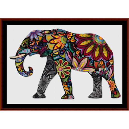 Counted Cross Stitch Pattern by Cross Stitch Collectibles of an elephant with colorful mandala and floral designs on a white background