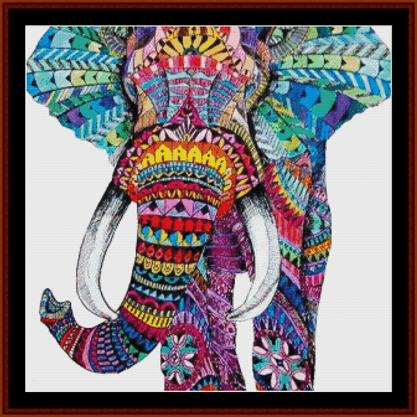 Counted Cross Stitch Pattern by Cross Stitch Collectibles of an elephant with colorful mandala and floral designs on a white background