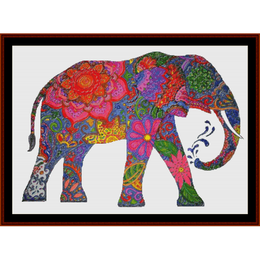 Counted Cross Stitch Pattern by Cross Stitch Collectibles of an elephant with colorful mandala and floral designs on a white background