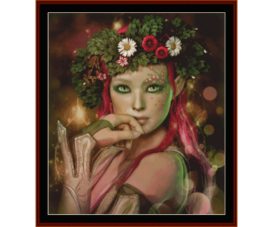 Counted Cross Stitch Pattern by Cross Stitch Collectibles of an elven maiden character with a floral wreath and red hair, resembling a fantasy cross stitch pattern 