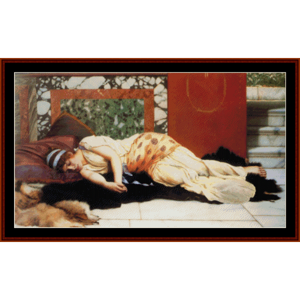 Counted Cross Stitch Pattern by Cross Stitch Collectibles featuring a reclining nude figure, with a red and green background, and a blue and gold object to the side