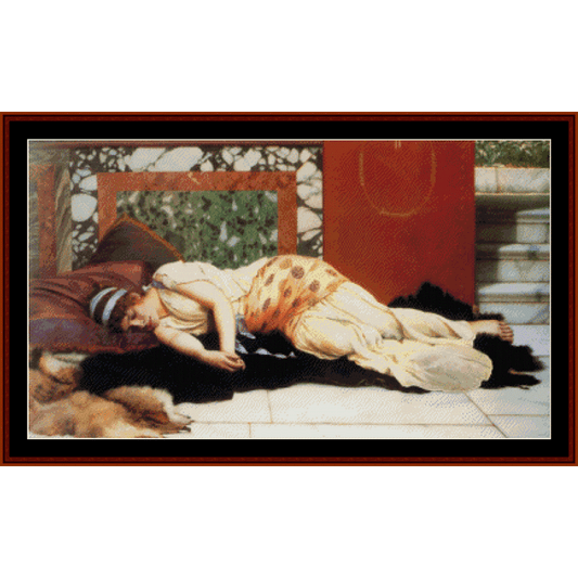 Counted Cross Stitch Pattern by Cross Stitch Collectibles featuring a reclining nude figure, with a red and green background, and a blue and gold object to the side