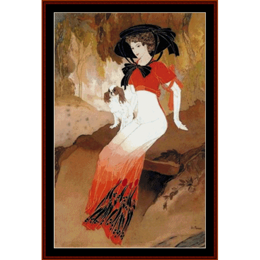 Counted Cross Stitch Pattern by Cross Stitch Collectibles featuring a colorful illustration of a woman in a red dress with a black hat and a small dog on a brown background, titled 'Etudes - Georges De Feures'.