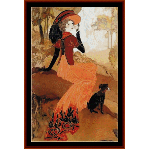 Counted Cross Stitch Pattern by Cross Stitch Collectibles featuring a woman in a red dress with a red hat and a black dog, surrounded by a forest-like background.