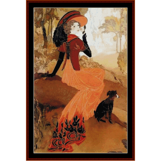 Counted Cross Stitch Pattern by Cross Stitch Collectibles featuring a woman in a red dress with a red hat and a black dog, surrounded by a forest-like background.