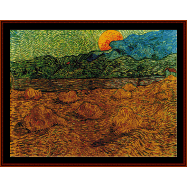 Counted Cross Stitch Pattern by Cross Stitch Collectibles  of a Van Gogh painting, featuring a landscape with a rising moon and mountains.