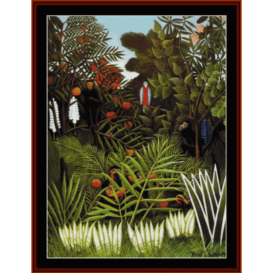 Counted Cross Stitch Pattern by Cross Stitch Collectibles depicting an exotic landscape with trees, flowers, and a bird.