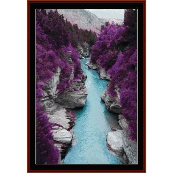 Counted Cross Stitch Pattern by Cross Stitch Collectibles  depicting a scenic view with a river and purple trees.