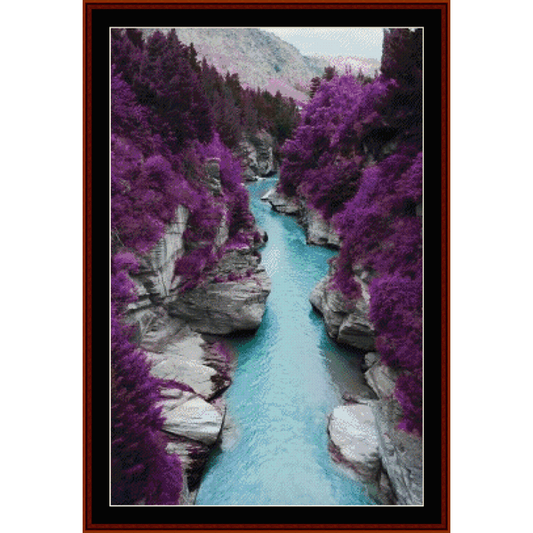 Counted Cross Stitch Pattern by Cross Stitch Collectibles  depicting a scenic view with a river and purple trees.