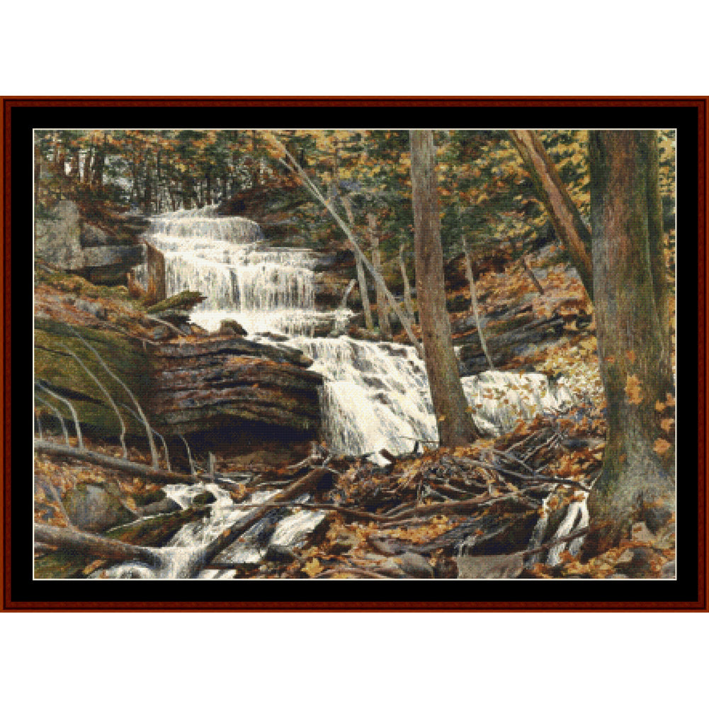 Counted Cross Stitch Pattern by Cross Stitch Collectibles of a Waterfall in a forest with autumn foliage