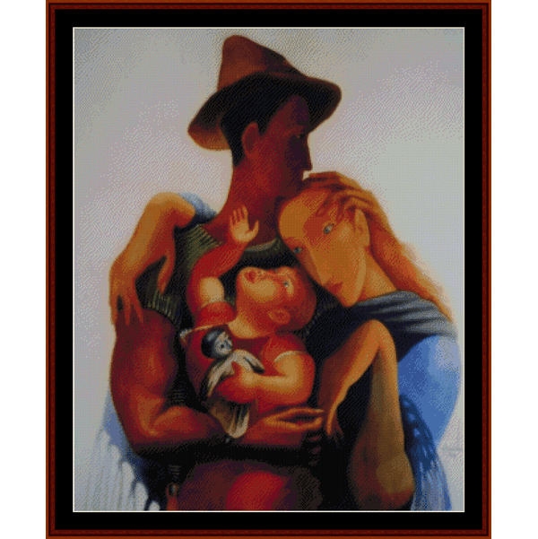 Counted Cross Stitch Pattern by Cross Stitch Collectibles of a woman holding two children with a bear, on a light background.
