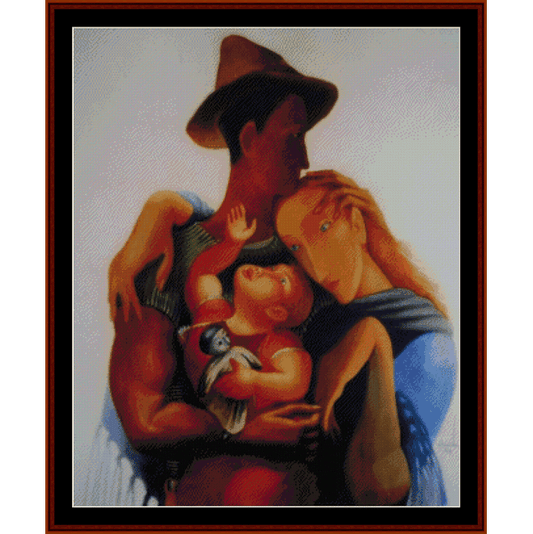 Counted Cross Stitch Pattern by Cross Stitch Collectibles of a woman holding two children with a bear, on a light background.