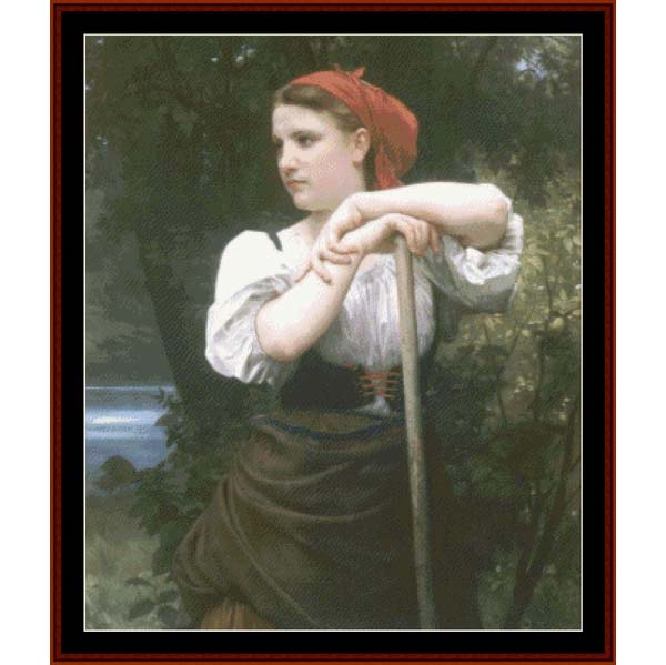 Counted Cross Stitch Pattern by Cross Stitch Collectibles of a painting of a young woman with a red headscarf in a natural setting
