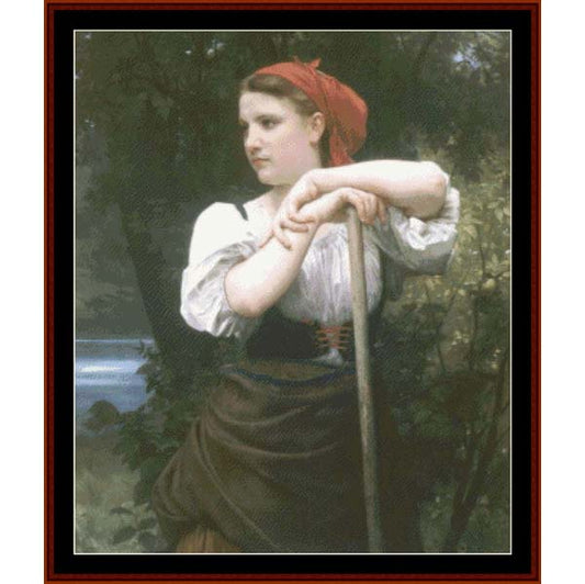 Counted Cross Stitch Pattern by Cross Stitch Collectibles of a painting of a young woman with a red headscarf in a natural setting